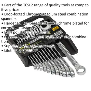 12-Piece Slim Handled Combination Spanner Set - 12 Point Metric Ring & Open Ended Tool Kit