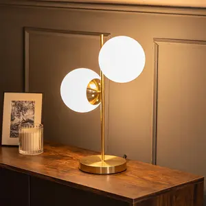 ValueLights Jas 2 Light Gold Metal Stem Bedside Table Lamp with White Frosted Glass Shades - Bulbs Included