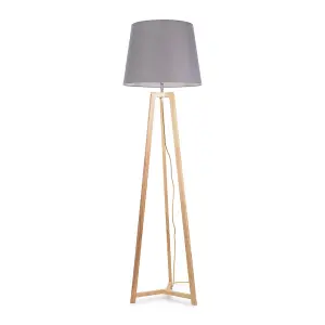 ValueLights Lottie Natural Wood Tripod Floor Lamp with Grey Tapered Shade - LED Bulb Included