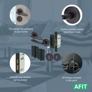 AFIT - Matt Black Bathroom Door Handle Set Internal Door Handles 64mm Lock 76mm Hinges Santeau Range