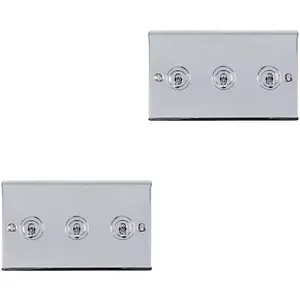 2 PACK 3 Gang Triple Retro Toggle Light Switch POLISHED CHROME 10A 2 Way Plate