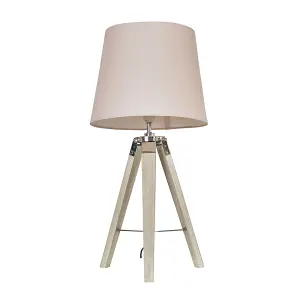 ValueLights Clipper Modern Distressed Wood and Silver Chrome Tripod Table Lamp with Pink Light Shade