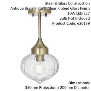 Semi Flush Ceiling Light Fitting - Antique Brass Plate & Ribbed Glass Shade