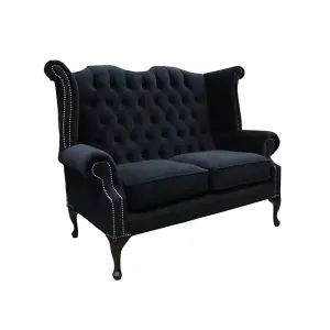 Chesterfield Original 2 Seater High Back Sofa Amalfi Black Velvet Fabric In Queen Anne Style