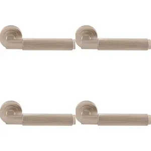 4 PACK - Premium Knurled Door Handle Set - Satin Nickel Angled Lever on Round Rose