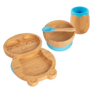 Tiny Dining - Penguin Bamboo Suction Baby Feeding Set - Blue - 4pc