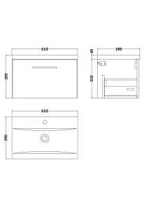 Wall Hung 1 Drawer Vanity Unit with Mid-Edge Ceramic Basin, 600mm - Woodgrain Charcoal Black