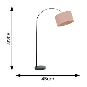 ValueLights Louis Black Arched Curved Floor Lamp with Blush Pink Fabric Drum Lamp Shade and LED Bulb