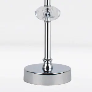 First Choice Lighting Chrome Plated Stacked Bedside Table Light with Faceted Acrylic Detailing and White Fabric Shade