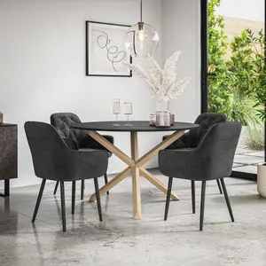 Malvern Round Dining Table And Chairs -  Black Table Top w Solid Oak Legs + Anika Velvet Dining Chair Set Of 4 (Black)