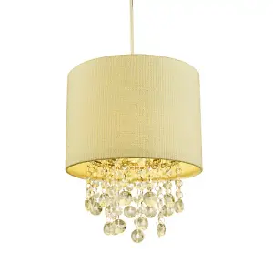 Modern Soft Cream Textured Linen Pendant Shade with Clear Acrylic Droplets