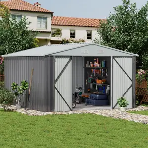 10 x 10 ft Grey Apex Metal Garden Storage Shed Outdoor Storage Shed with Lockable Double Door