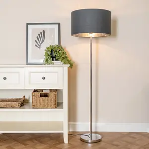 ValueLights Charles Chrome Stem Floor Lamp with Charcoal with Chrome Inner Lamp Shade and LED Bulb