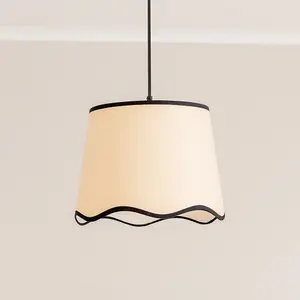 ValueLights Dutton Natural Fabric Black Trim Scallop Edge Large Lamp Shade with LED Bulb