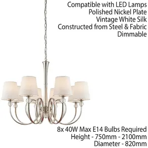 Luxury Hanging Ceiling Pendant Light Bright Nickel White Silk 8 Lamp Chandelier