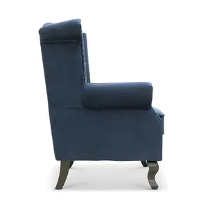 Velvet Wing Back Fireside Henley Chair Armchair with Buttons Navy Blue