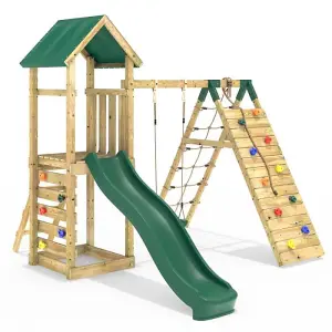 Rebo Challenge Wooden Climbing Frame with Swings, Slide and Up & over Climbing wall - Bear