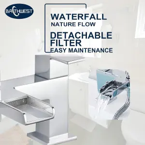 BATHWEST Waterfall Bath Tap with Shower Square Chrome Brass Bathroom Taps & Shower