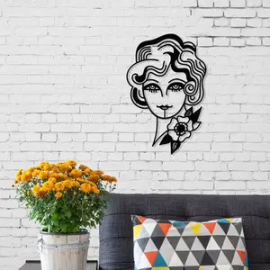 Decortie Modern Metal Wall Art Woman in Flowers Theme Home Ornament Decorative Minimalist Design Hanging Wall Sculpture, Black