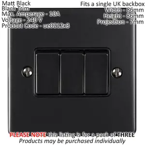 3 PACK 3 Gang Metal Triple Light Switch MATT BLACK 2 Way 10A Black Trim