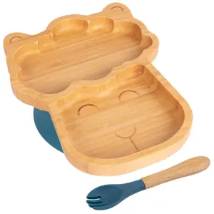 Bamboo Llama Baby Weaning Plate & Fork Set - Navy Blue