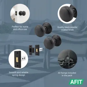 AFIT Lined Door Knob Set Matt Black - 2 Pairs of Mortice Knobs (55mm) & Latch (76mm) for Internal Doors