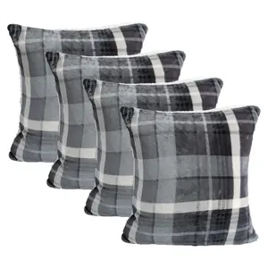 Tartan Check Cushion Covers 4 Pack Case Flannel Fleece Set, 45 x 45cm - Grey