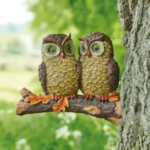 Baby Owls Branch Hanger Ornament - Weatherproof Resin Hand Painted Outdoor Garden Novelty Hanging Decoration - H23 x W20 x D10cm