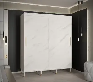 Bergen Contemporary 2 Sliding Door Wardrobe Gold Handles Marble Effect 9 Shelves 2 Rails White (H)2080mm (W)1800mm (D)620mm