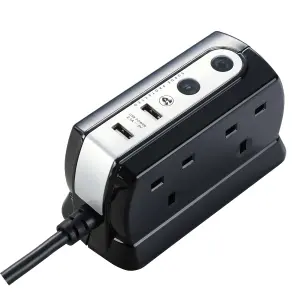 Masterplug Surge Black 4 socket Extension lead with USB, 2m