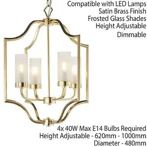 Hanging Ceiling Pendant Light Satin Brass & Frosted Glass 4 Bulb Classic Feature