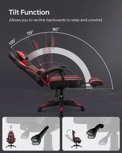 SONGMICS Desk Chair, Gaming Office Chair Featuring Footrest, Ergonomic Headrest and Lumbar Support, Black and Red