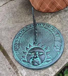 Sundial Ornament in Verdigris Cast Iron Sun Face