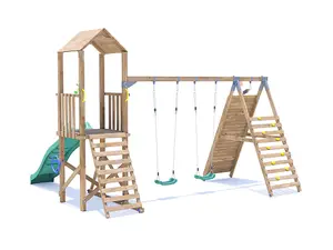 Dunster House Wooden Climbing Frame with Two Swings, Tall Climbing Wall & Slide BalconyFort Low Platform