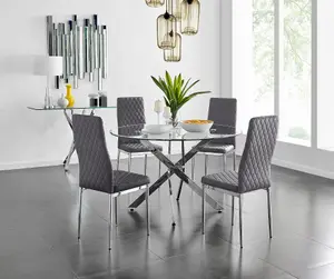 Furniturebox UK Novara 120cm Round Dining Table and 4 Grey Velvet Milan Chairs