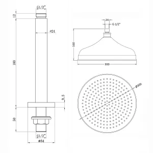 ENKI Traditional Chrome Fixed Ceiling Mounted Brass Shower Head & Arm 300mm