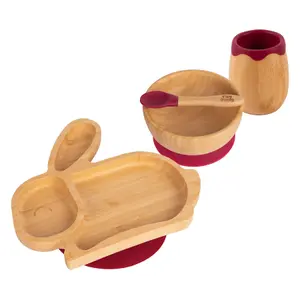 Tiny Dining - Rabbit Bamboo Suction Baby Feeding Set - Red - 4pc