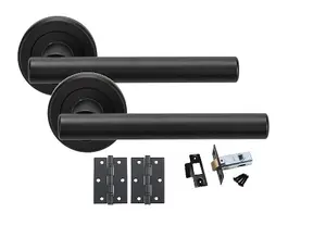 4 Sets Straight T-Bar Design Matt Black Finish Door Handles On Rose with Black Ball Bearing Hinges and Black 64mm Tubular Latch