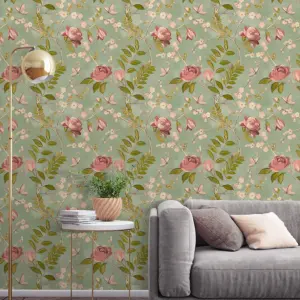 Lola Green Floral Wallpaper Pink Roses Butterflies Smooth Matte Finish Grandeco