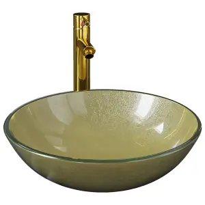 Berkfield Bathroom Sink with Tap and Push Drain Gold Tempered Glass