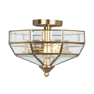 2 Bulb Semi Flush Light BevelLED Clear Glass Panels Antique Brass LED E27 60W