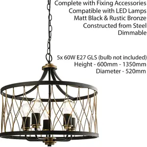 Multi Light Ceiling Pendant 5 Bulb MATT BLACK & BRONZE Vintage Chandelier Lamp