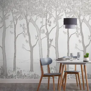 Grandeco Trees 3 panel repeatable Textured Mural,  2.8 x 1.59m, White