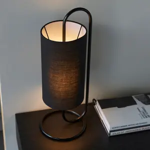 Modern Matt Black Oval Table Lamp Desk Light & Black Fabric Cylinder Shade