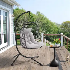 Yaheetech Black Foldable PE Rattan Hanging Chair with Cushion & Pillow & Rain Cover for Garden