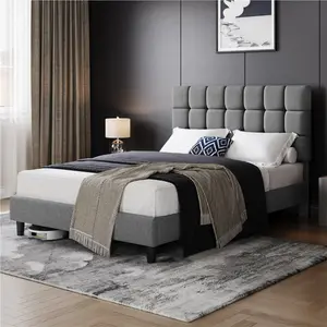 Size Modern Upholstered Bed Frame with Square Tufted Headboard Light Grey / Kingsize (5')