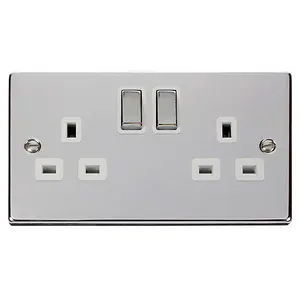 Polished Chrome 2 Gang 13A DP Ingot Twin Double Switched Plug Socket - White Trim - SE Home