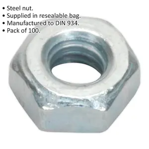 100 Pack of Premium Steel Hex Nuts M3 0.5mm Pitch - DIN 934 Certified