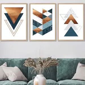 Set of 3 Mid Century Teal Orange Abstract Geometric Wall Art Prints / 50x70cm / Oak Frame