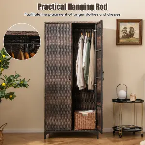 COSTWAY PE Rattan Wardrobe 157 cm Wicker Armoire Closet w/ Hanging Rod